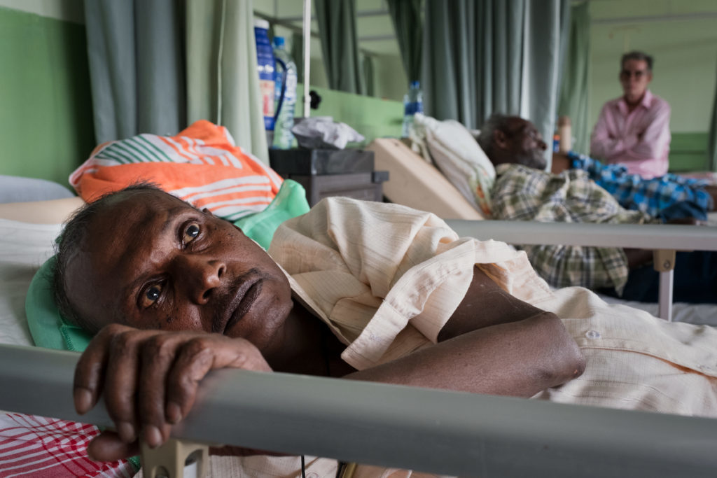 Patients receive dialysis treatment in the Anuradhapura Teaching Hospital's dialysis clinic.