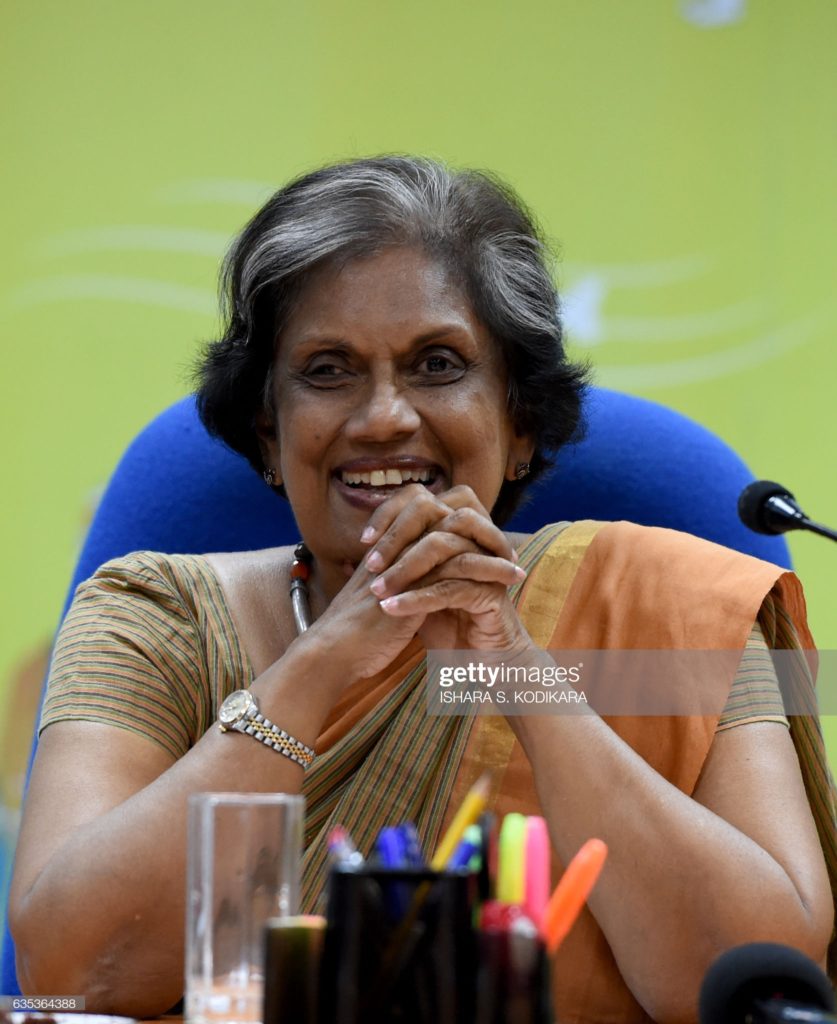 In this photograph taken on February 14, 2017, former Sri Lankan president and the head of the countrys reconciliation process Chandrika Kumaratunga speaks to media in Colombo. Kumaratunga has said she is continuing a project to provide education and employment to women, including war widows, in a bid to empower local communities recovering from decades of war. / AFP / Ishara S. KODIKARA        (Photo credit should read ISHARA S. KODIKARA/AFP/Getty Images)